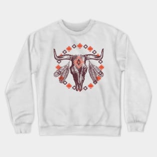 Southwestern Bull Cow Skull BOHO Feathers Aztec Crewneck Sweatshirt